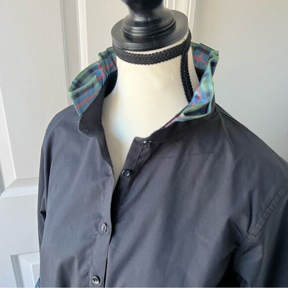NWT Pearly Vine Black Ruffled Tartan Collar Button down blouse Small Petite - Picture 2 of 5